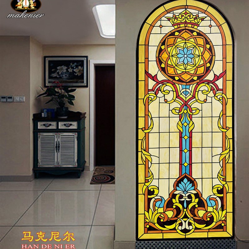 定制拱弧形玄关隔断门窗复古蒂凡尼彩色镶嵌透光装饰教堂艺术玻璃