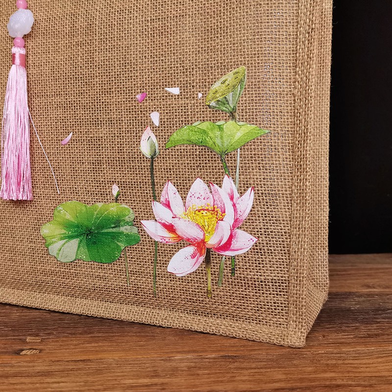 国风荷花麻布袋复古莲花黄麻袋礼品袋手提小清新学生棉麻袋子