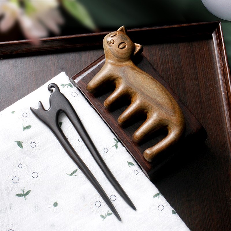 绿檀木簪子手工镜梳装绿檀香木梳木镜木簪送老婆女友节日礼盒装