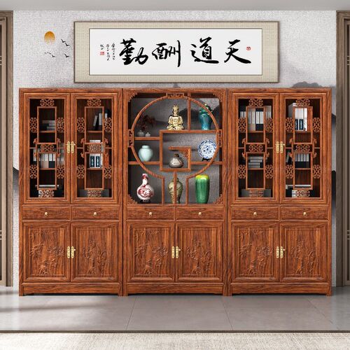 中式实木带门书柜书架新款三组合榆木展示柜玻璃书房办公室用古