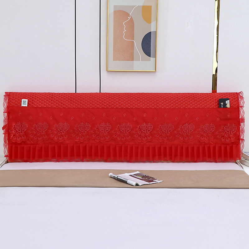 结婚红色软包喜字1.8米木板床头罩靠垫卧室夹棉防尘加厚蕾丝简约