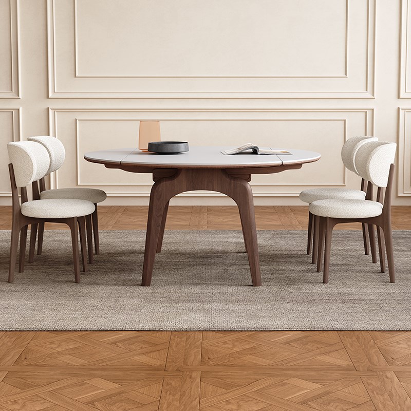 实木岩板餐桌可伸缩胡桃色家用小户型现代简约方圆两用实木圆餐桌