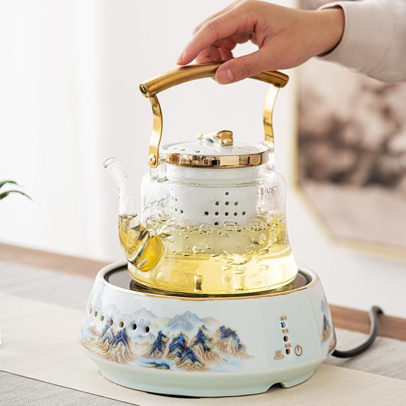 电陶炉国潮千里江山陶瓷煮茶器烧水壶家用养生壶耐热花茶壶提梁壶
