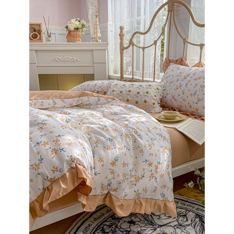 新款法式A类棉麻水洗棉四件套加厚磨毛双层纱床单被套三件套