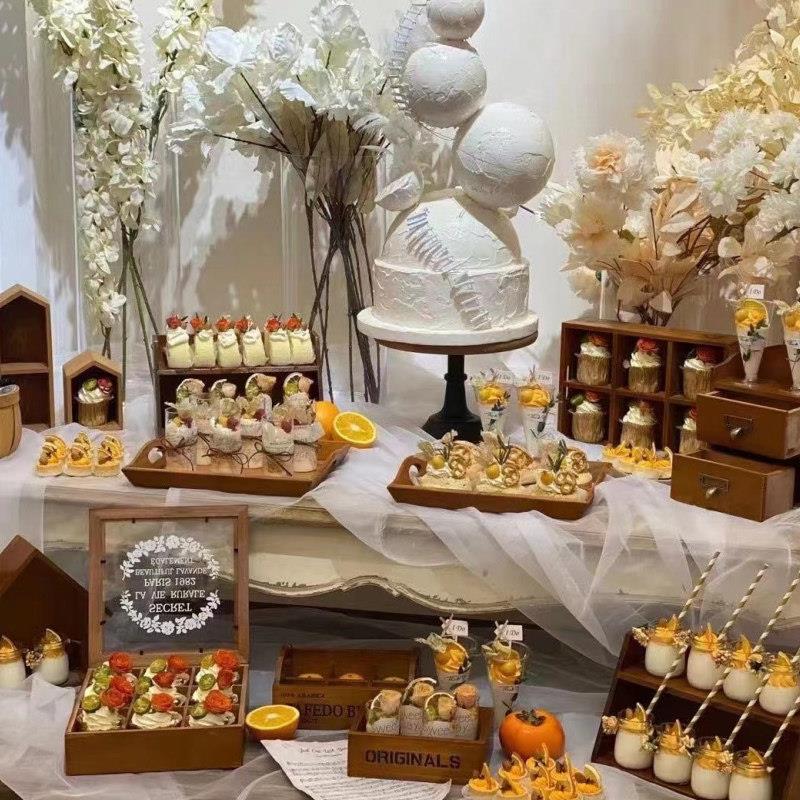 森林木制甜品桌装饰婚礼生日桌茶歇冷餐蛋糕下午茶托盘展示架