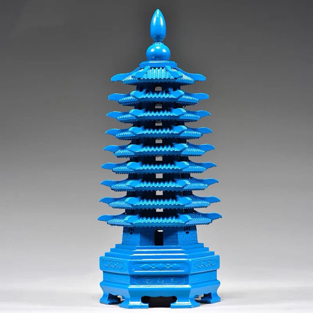 蓝色桃木雕刻九层文昌塔摆件木质十三层七层文昌塔客厅书桌工艺品