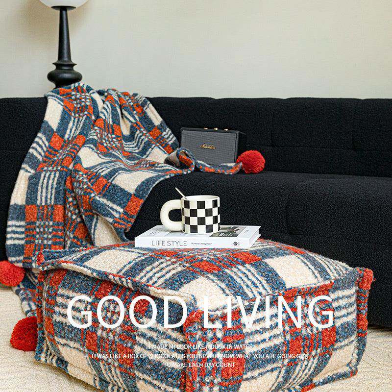 复古橙蓝英伦格子坐墩可拆洗蒲团搭毯客厅懒人沙发脚凳地板坐垫