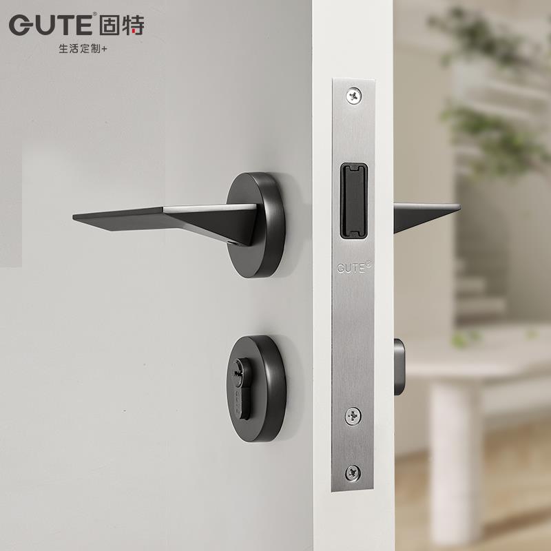 固特北欧固特内风门锁室卧室磁吸静音木把门手房简约灰黑色锁具通