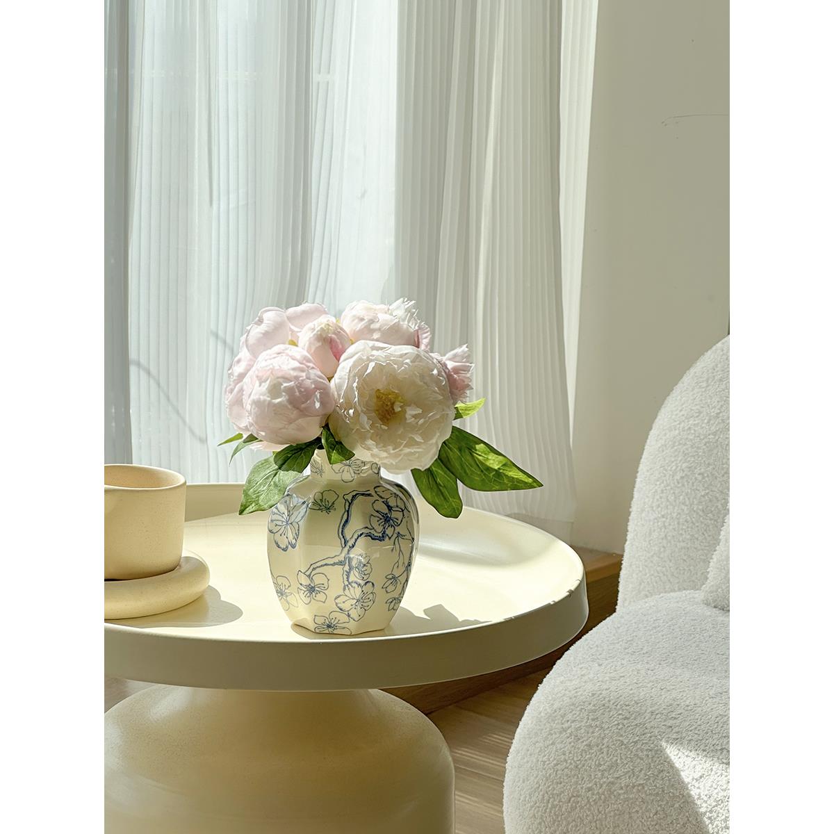 芍药假花真花摆C957设仿生花束插花新中瓷式级感青高花仿瓷陶花瓶