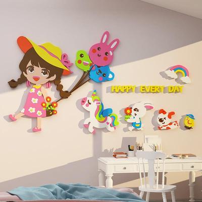 网画红女孩儿童房间布置装饰公全套卧室床主头面贴亚克力3d16799