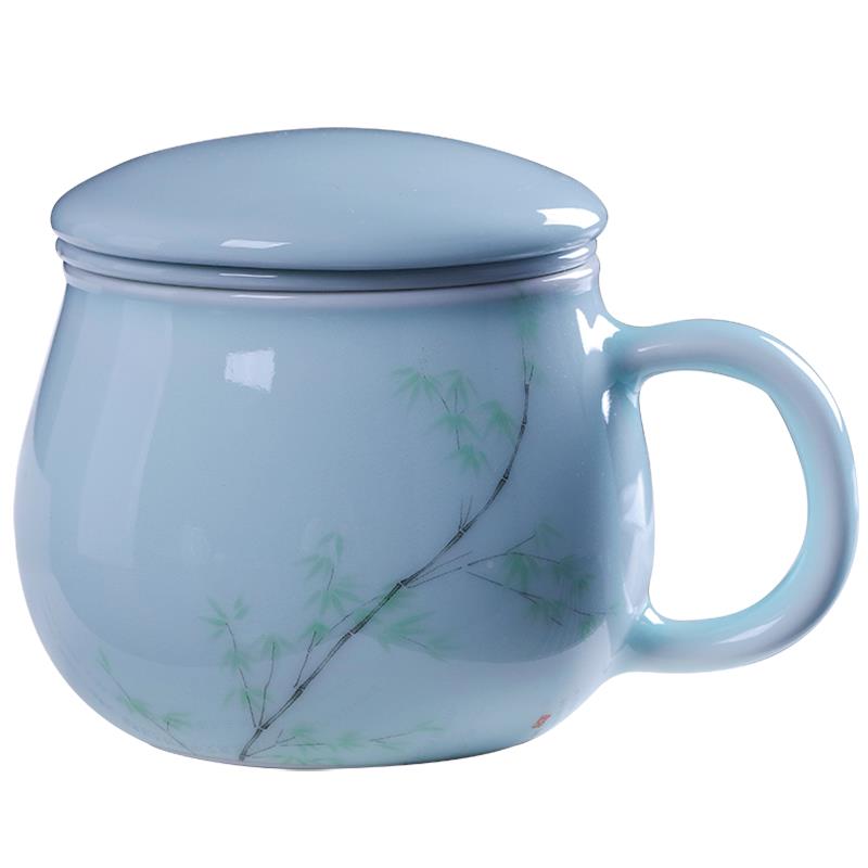 梓鑫景德茶镇陶瓷带盖办过滤杯家用喝水杯杯B18-6-28子青瓷可爱公