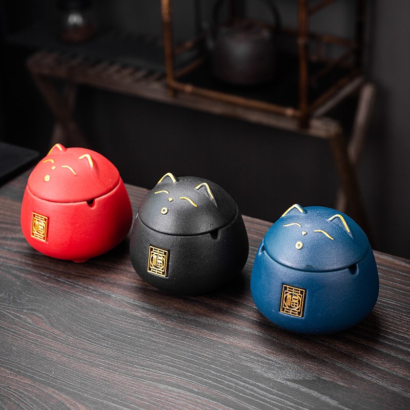 创意烟灰缸带盖家用客厅个性萌宠陶瓷烟缸时尚茶几装饰品摆件定制