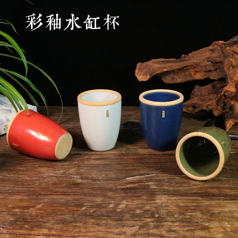 粗瓷水缸杯瓮杯粗陶茶具彩釉复古茶杯喝水手工小水缸主人杯热卖