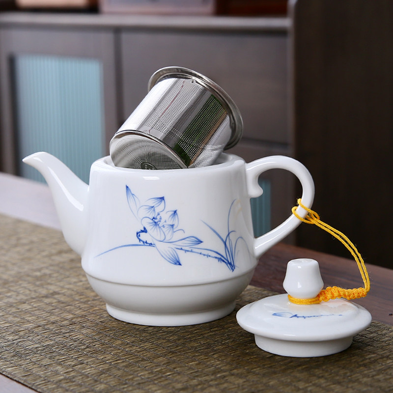 手绘白瓷茶壶过滤网内置陶瓷大号单壶功夫茶具红茶泡茶器配干泡盘