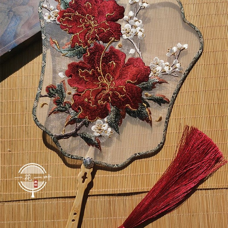 木槿花古风刺绣团扇单面绣花扇子新娘结婚喜扇仿古宫廷道具婚扇