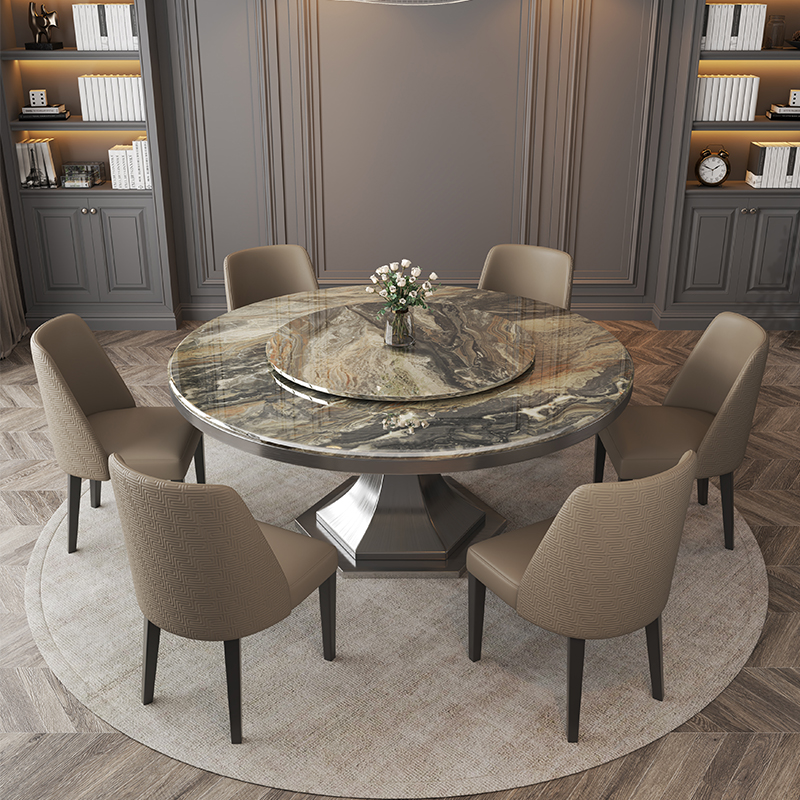 新款大理石餐桌圆形带转盘高端意式现代简约奢石威尼斯棕圆桌