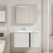 简洁耐脏奶白浴室柜组合不锈钢四周弧形感应灯光陶瓷一体盆小户型