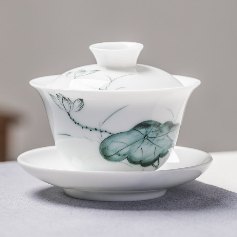 手绘三才盖碗茶杯大号单个白玉瓷敬沏泡茶功夫茶具三炮台荷花清雅