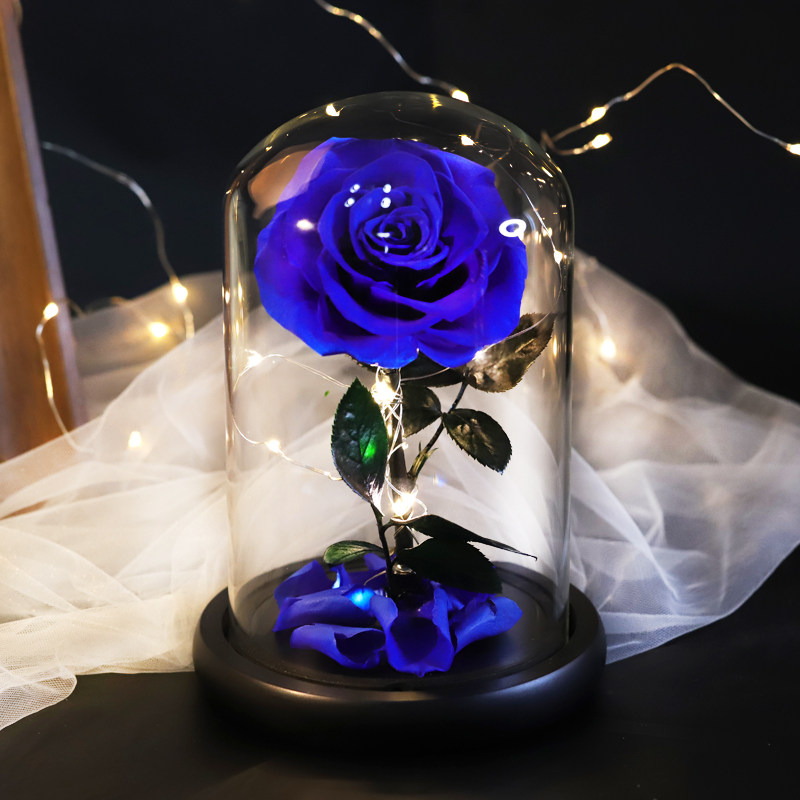 永生花蓝色妖姬干花蓝玫瑰礼盒玻璃罩花束真花女友送男友生日礼物