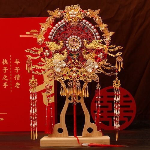 新娘结婚团扇中式婚礼古风秀禾扇子重工喜扇diy材料包手工遮面扇