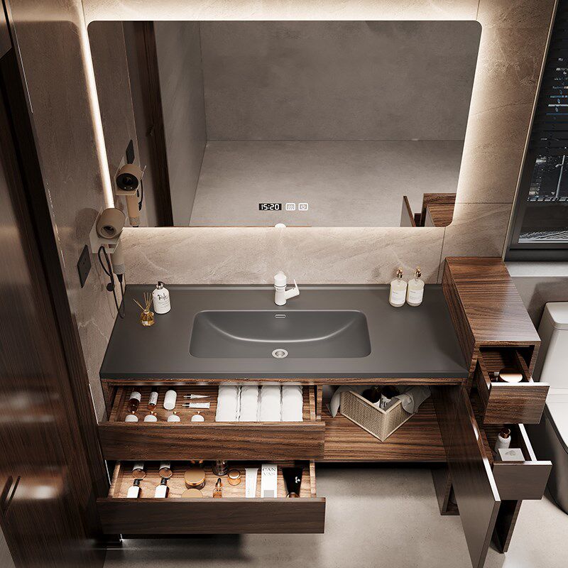 中古风胡桃木色黑色陶瓷一体盆浴室柜组合洗漱台洗手浴柜小户型