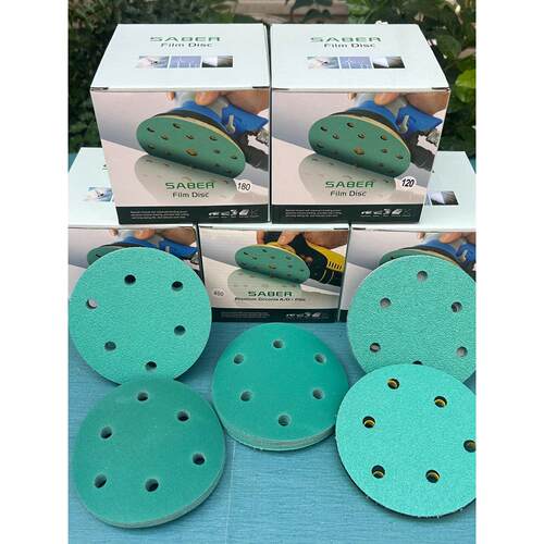 薄膜绿砂5寸6孔SABER干磨砂纸绿色薄膜植绒干湿两用更耐磨费斯托