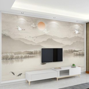 中式 饰壁画 山水国画壁纸8d立体电视背景墙布3d楼阁沙发壁布水墨装