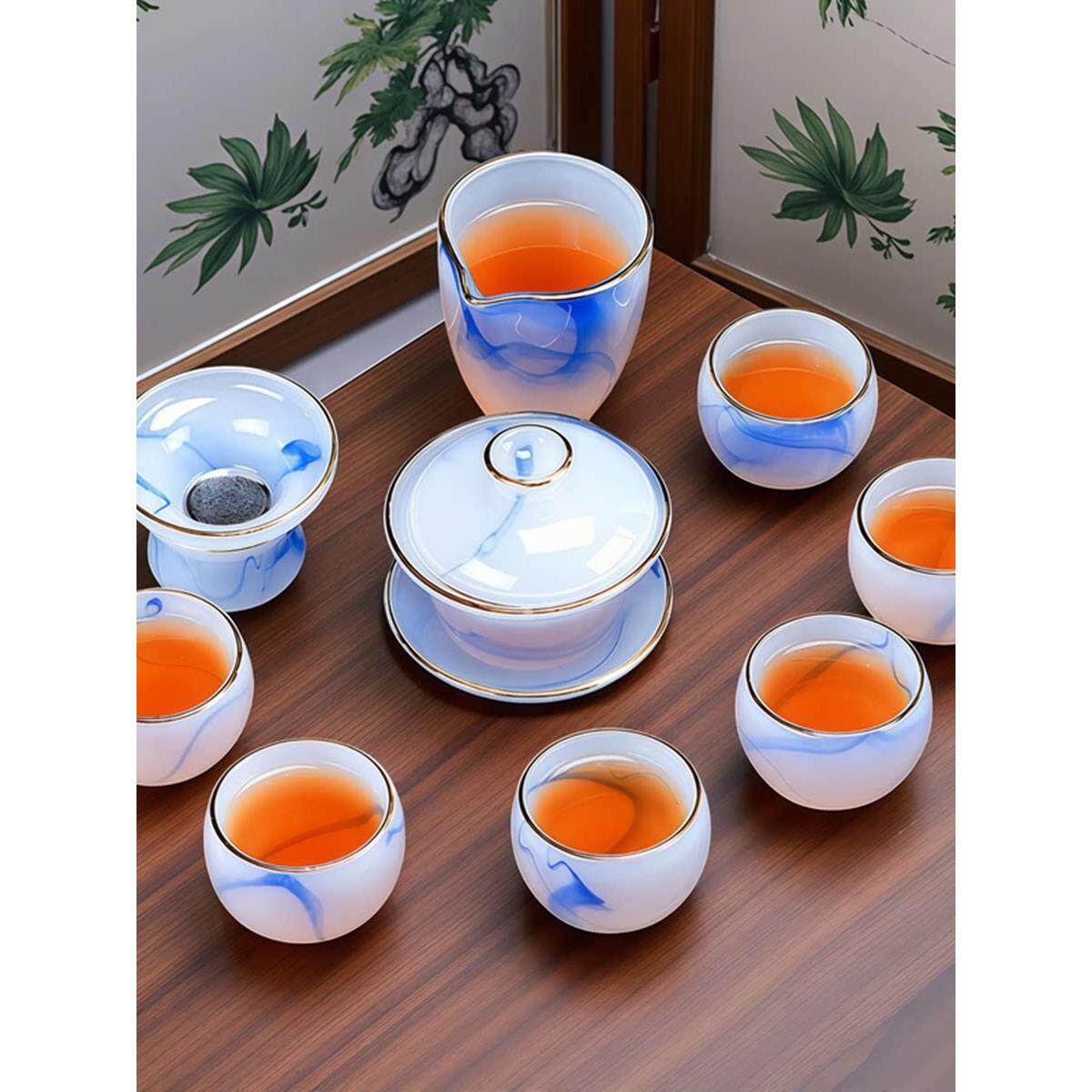 元青花描金冰种玉瓷功夫茶具套装高档轻奢办公室高端商务送礼盒装