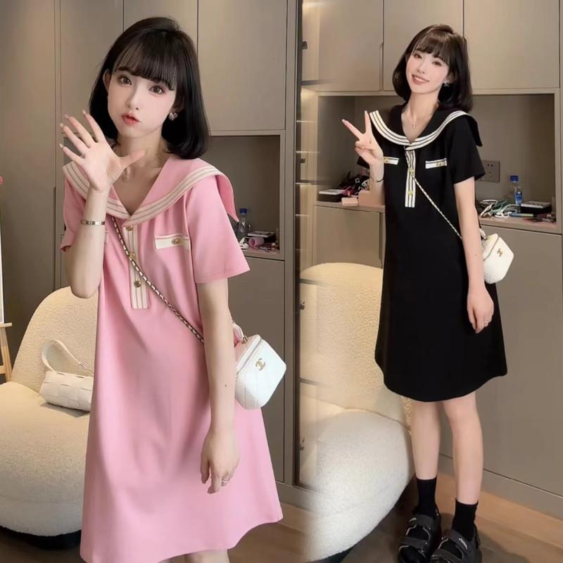 孕妇夏装洋装海军领高腰短袖显瘦小个子设计感冰丝针织裙子女装