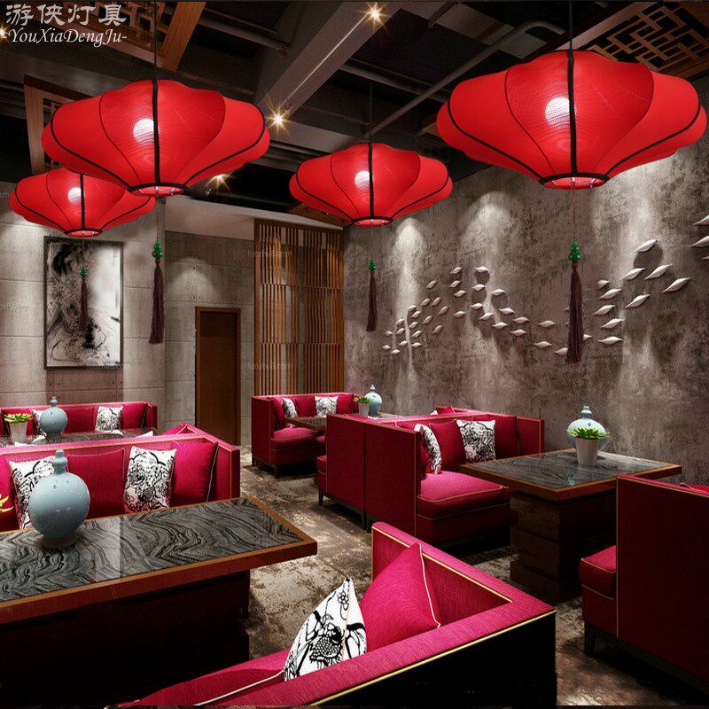 新中式布艺火锅店吊灯中国风创意手绘灯笼餐厅茶楼过道古典艺术灯