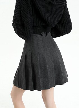KRO灰色高腰防走光百褶半身裙女2023新款显瘦学院风西装A字短裙