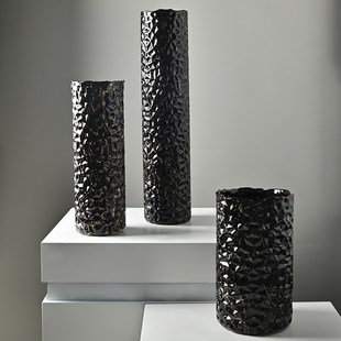 轻奢高级黑金圆形直筒琉璃花瓶别墅茶几餐桌台面装饰高大玻璃花瓶