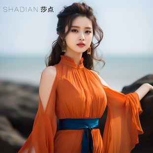 橙色连衣裙高级感气质长款 女装 收腰大摆裙海边沙滩裙 新款 2024夏季