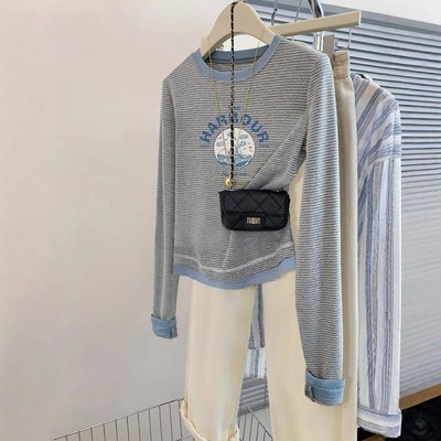 春秋2024新款假两件条纹长袖t恤女高级感微胖mm大码显瘦小众上衣