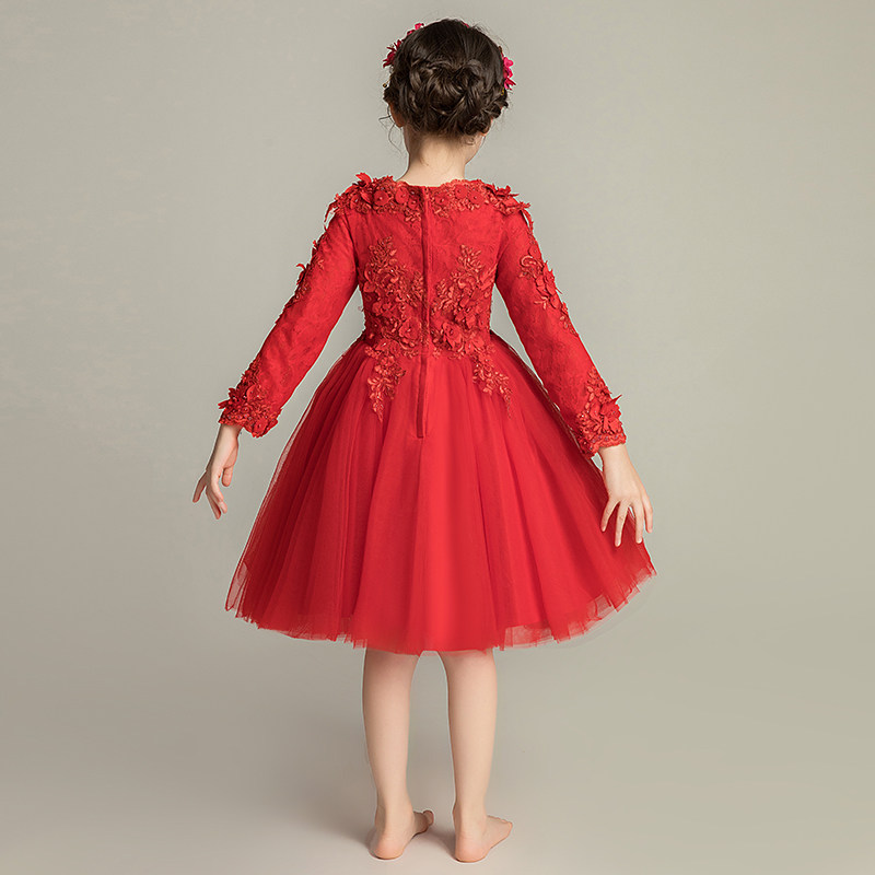 儿童晚礼服公主裙蓬蓬纱婚纱小花童钢琴演出服长袖红色加绒厚洋气