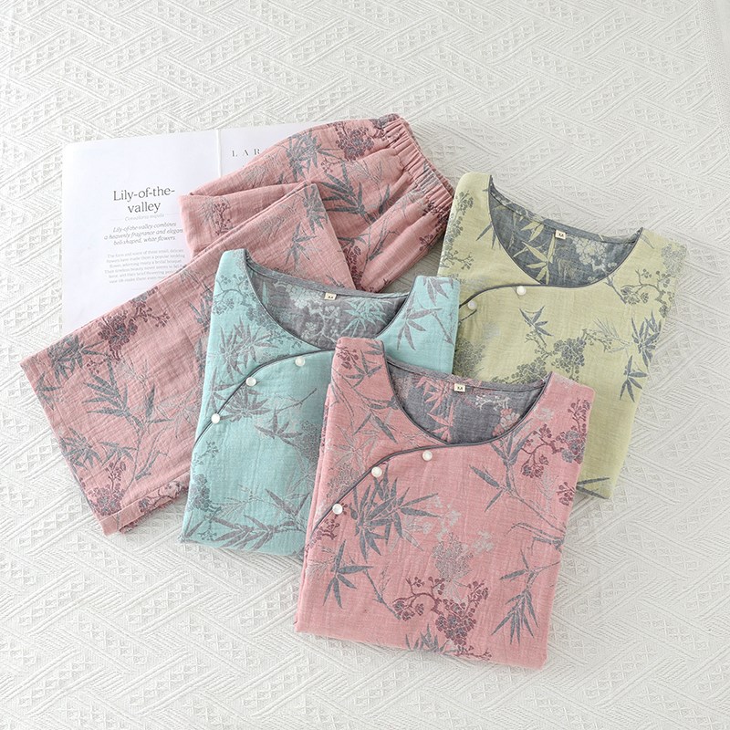 复古盘扣女睡衣春秋新款纯棉双层纱布提花长袖国风古典家居服外穿