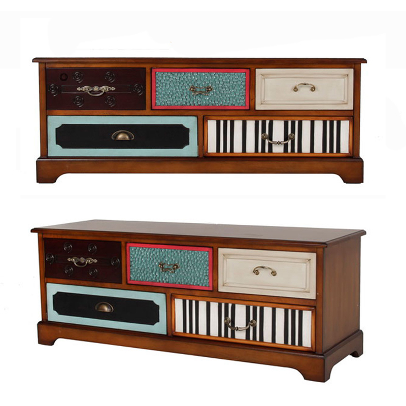 新古典撞色美式乡村复古实木矮柜卧室田园彩色小户型电视柜换鞋凳
