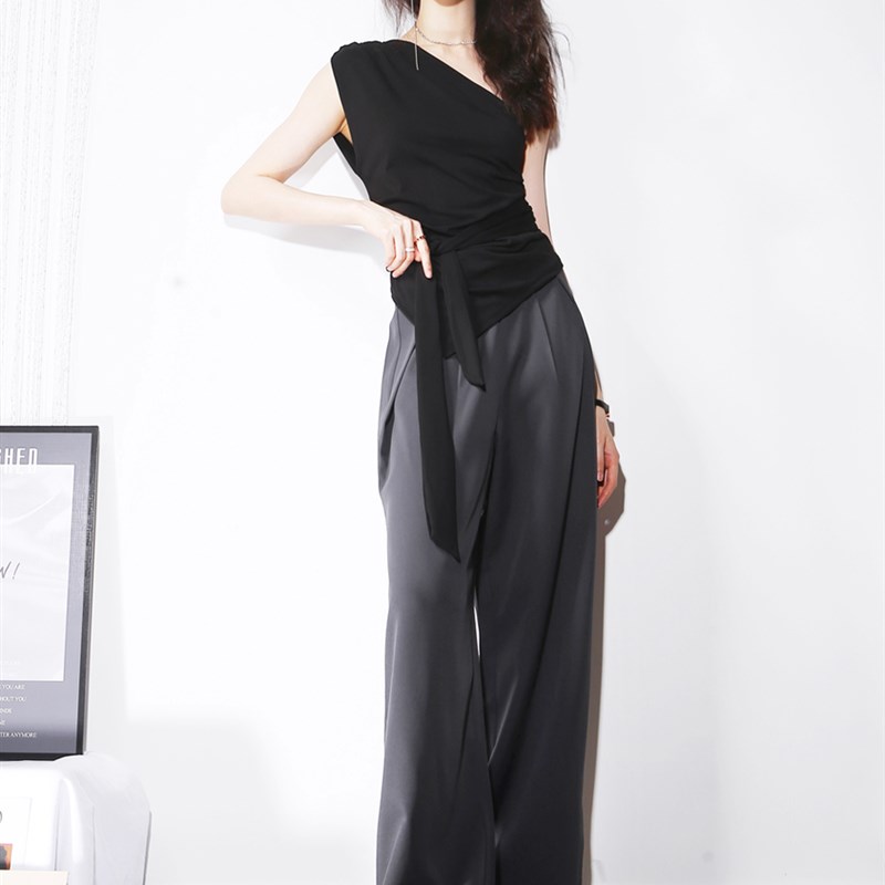 Q52腰部独特纽扣褶皱立体廓形设计高腰直筒阔腿欧美宽松西装长裤