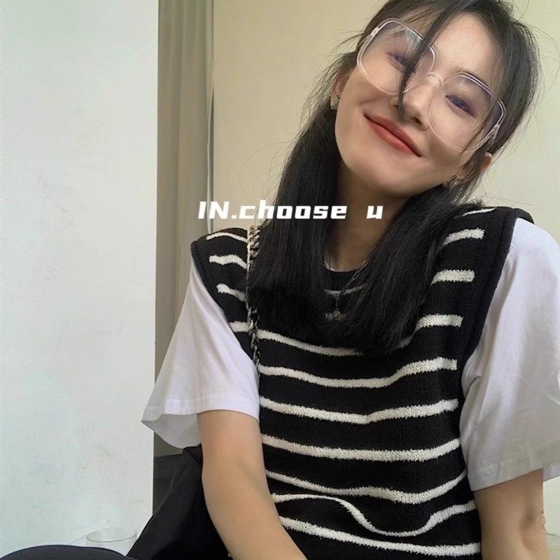 2024春秋新款复古叠穿套头黑白条纹圆领无袖针织衫毛衣马甲背心女