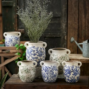 大口径复古陶瓷花瓶摆件客厅插花新中式富贵竹石榴柿子欧式高级感