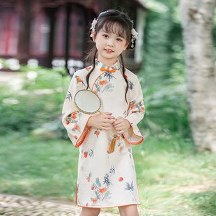 女童中国风复古旗袍宝宝麂皮绒长袖碎花连衣裙幼儿园古筝茶艺表演