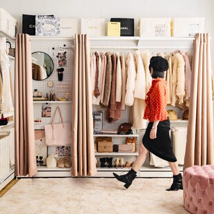 五金少女洞洞板金属大衣柜家用铁艺组装带防尘帘开放式货架衣帽间