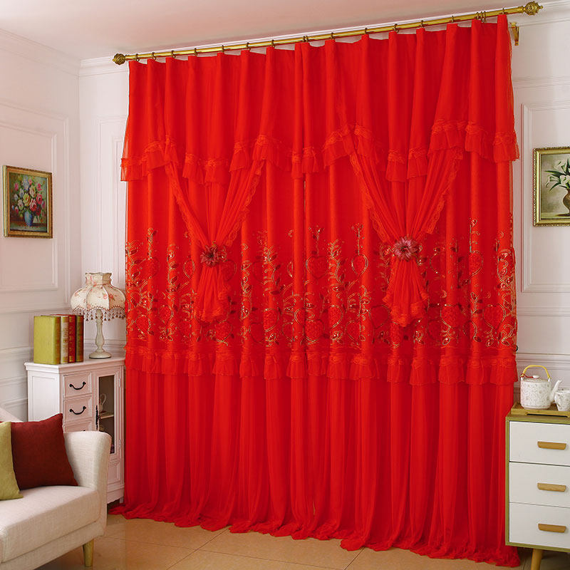 成品蕾丝浪漫喜庆大红色结婚婚房窗帘婚庆纱帘温馨卧室客厅遮光