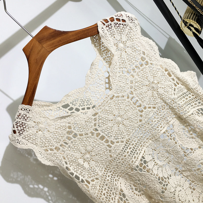 中长款镂空针织衫女套头外穿夏季宽松前短后长设计无袖连衣裙罩衫