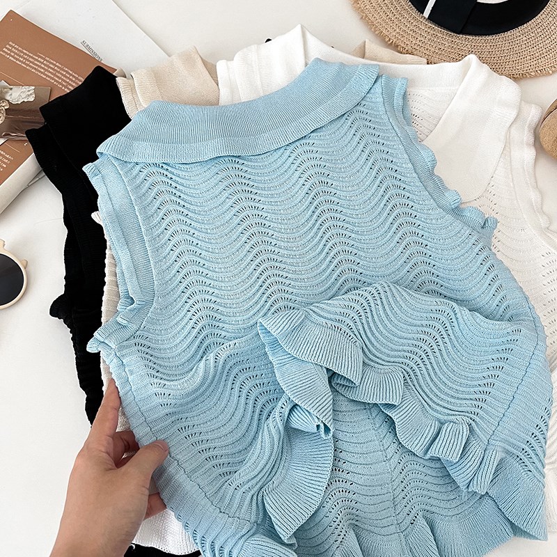 甜美百搭系带娃娃领单排扣木耳边无袖背心针织衫开衫上衣女夏季