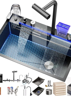 广东304不锈钢多功能鲸鲨水槽 kitchen sink三瀑布洗菜池大单槽