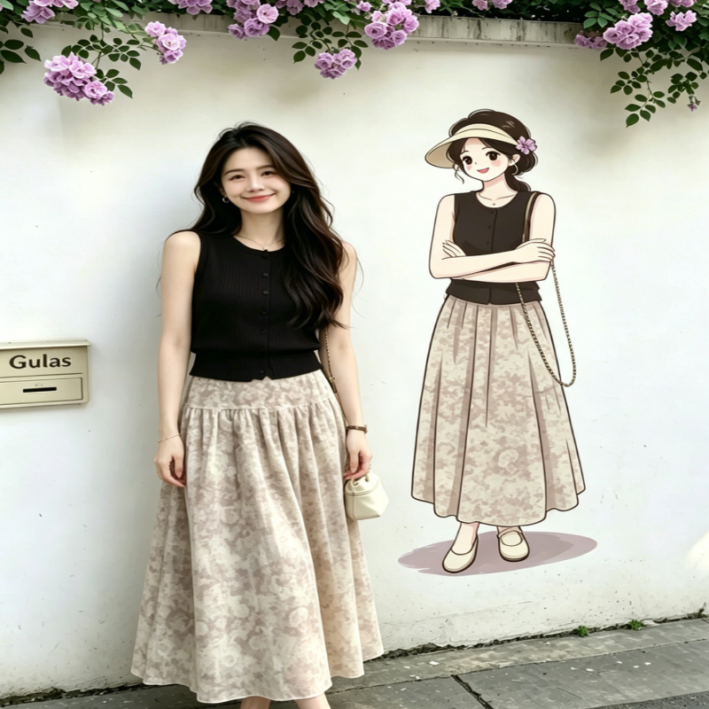 【源头工厂套装】夏季新款chic淑女针织背心精致遮肉印花半身裙