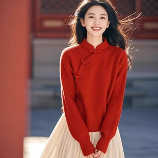 盘扣上衣超仙半身裙 秋冬洋气圣诞红中式 玉美雅 专柜品质套装