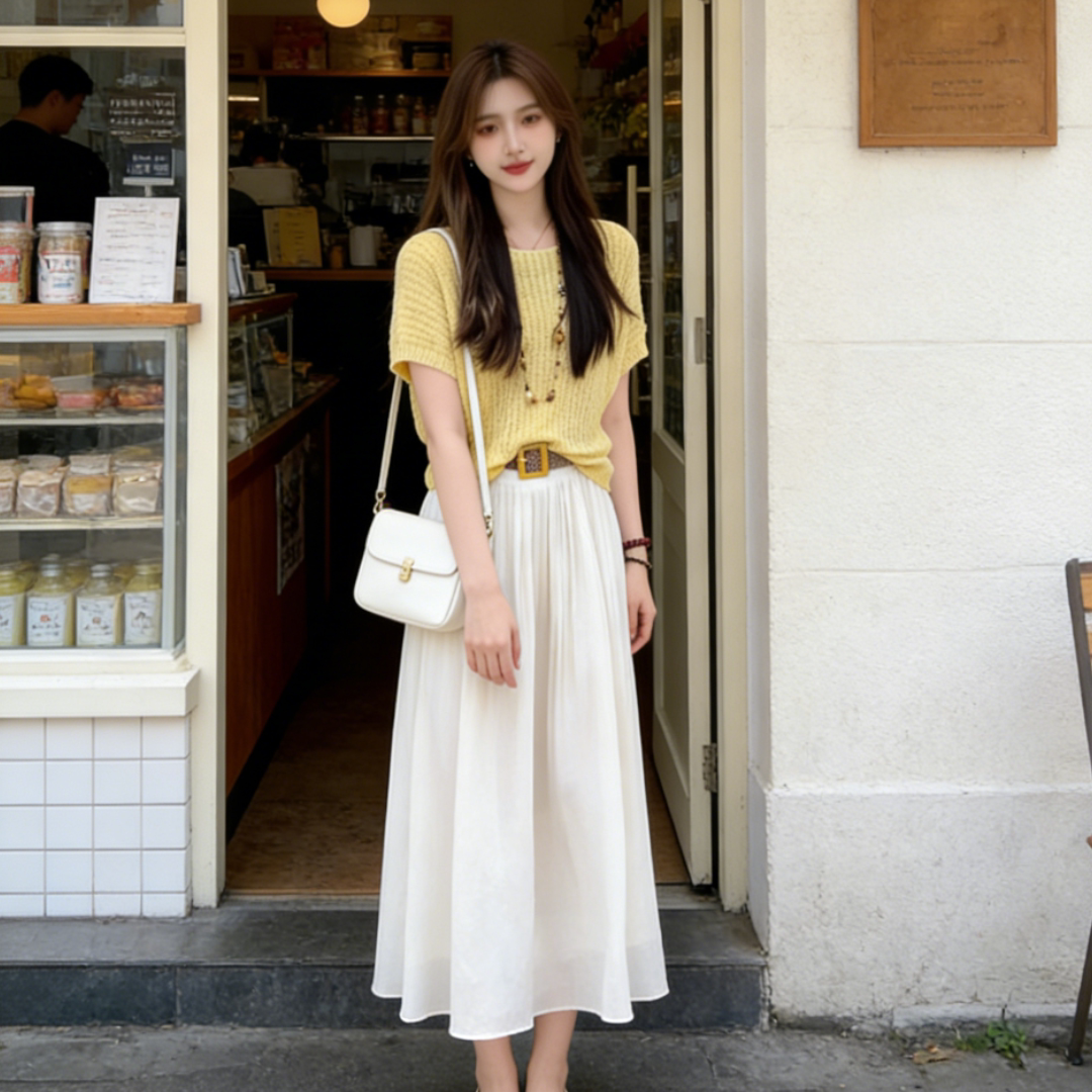 玉美雅【旗舰精选套装】夏季新款法式多巴胺上衣高腰中长款半身裙