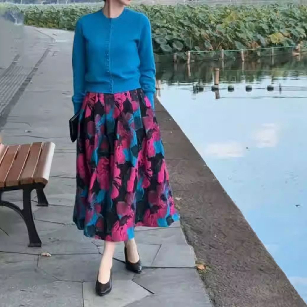 玉美雅【旗舰精选套装】秋冬款优雅精致圆领针织衫超仙印花半身裙